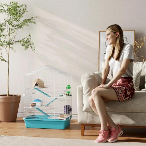 Jaula para Hámster de 5 Niveles con Plataformas Cuenco Bebedero Casita Rampas y Rueda de Ejercicio 58x36x81cm Azul Claro [5]