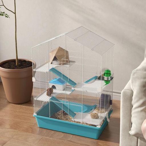Jaula para Hámster de 5 Niveles con Plataformas Cuenco Bebedero Casita Rampas y Rueda de Ejercicio 58x36x81cm Azul Claro [7]