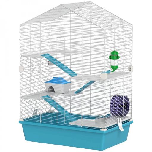 Jaula para Hámster de 5 Niveles con Plataformas Cuenco Bebedero Casita Rampas y Rueda de Ejercicio 58x36x81cm Azul Claro [9]