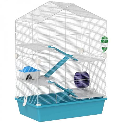 Jaula para Hámster de 5 Niveles con Plataformas Cuenco Bebedero Casita Rampas y Rueda de Ejercicio 58x36x81cm Azul Claro [8]