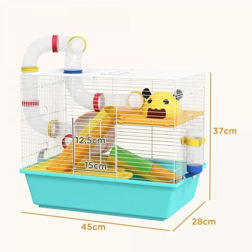 Jaula de Hámster con Túnel Plataformas Cuenco Bebedero Casita Rampas y Rueda de Ejercicio 45x28x37 cm Azul Claro [2]