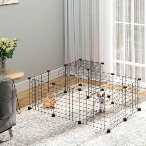 Jaula Modular para Animales Pequeños con 24 Paneles 2 Puertas para Cobayas Conejos Chinchillas 105x105x70cm Negro