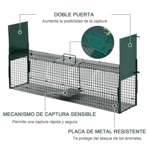 Trampa para Animales Vivos Jaula de Captura Metálica con 2 Puertas Asa para Conejos Visones Zorros Pequeños 100x25x28 cm Verde Oscuro [3]