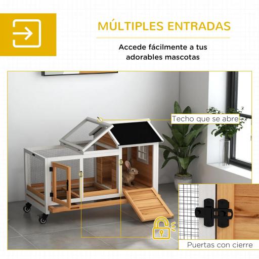 Jaula para Conejos con Ruedas Techo Abatible y Bandeja Extraíble para Interior y Exterior 108x58x73,5 cm Natural [5]