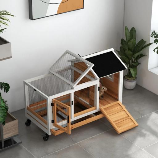 Jaula para Conejos con Ruedas Techo Abatible y Bandeja Extraíble para Interior y Exterior 108x58x73,5 cm Natural [7]