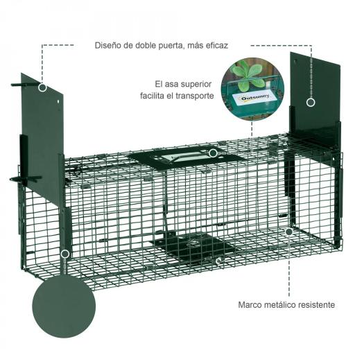 Trampa para Animales Vivos 60x18x20 cm con 2 Puertas Asa y Marco de Acero para Conejos Ardillas Hurones Verde [3]