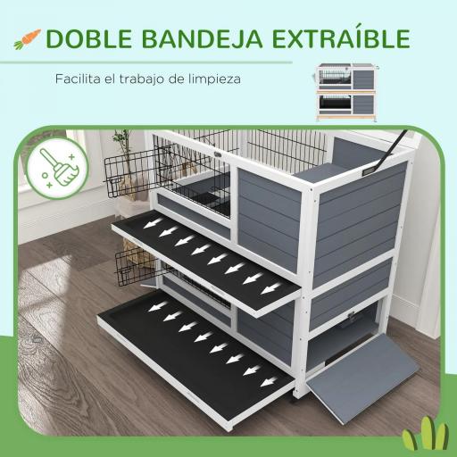 Jaula para Conejos de 2 Niveles 90x53x97 cm con Ruedas Techo Abatible Bandeja Extraíble Comedero y Rampa Gris [5]