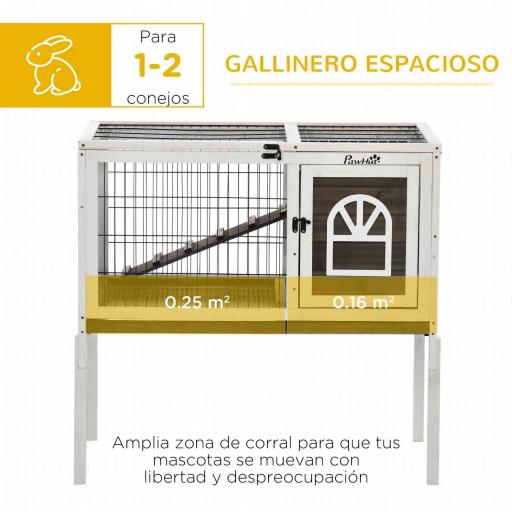 Conejera de Madera con Zona Abierta Techo Abatible Puertas Bandeja Extraíble y Rampa 90x53x87 cm Marrón y Blanco [2]