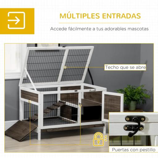 Conejera de Madera con Zona Abierta Techo Abatible Puertas Bandeja Extraíble y Rampa 90x53x87 cm Marrón y Blanco [5]