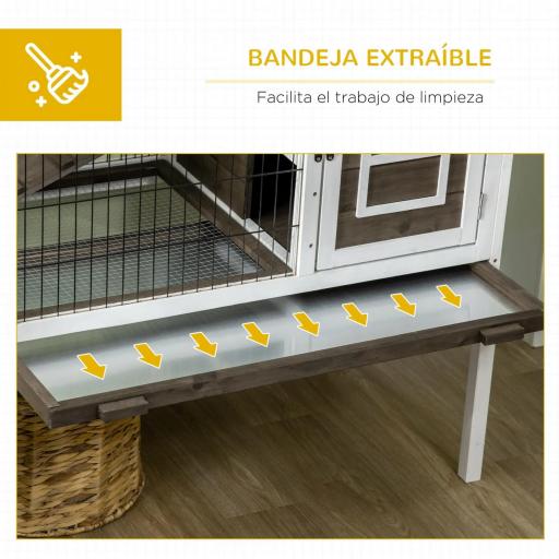 Conejera de Madera con Zona Abierta Techo Abatible Puertas Bandeja Extraíble y Rampa 90x53x87 cm Marrón y Blanco [3]