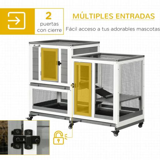 Jaula para Conejos 2 Niveles de Madera con 6 Ruedas 2 Escaleras 3 Bandejas Extraíbles y Zona Abierta 110x50x86 cm Gris [3]