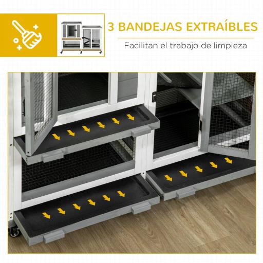 Jaula para Conejos 2 Niveles de Madera con 6 Ruedas 2 Escaleras 3 Bandejas Extraíbles y Zona Abierta 110x50x86 cm Gris [5]