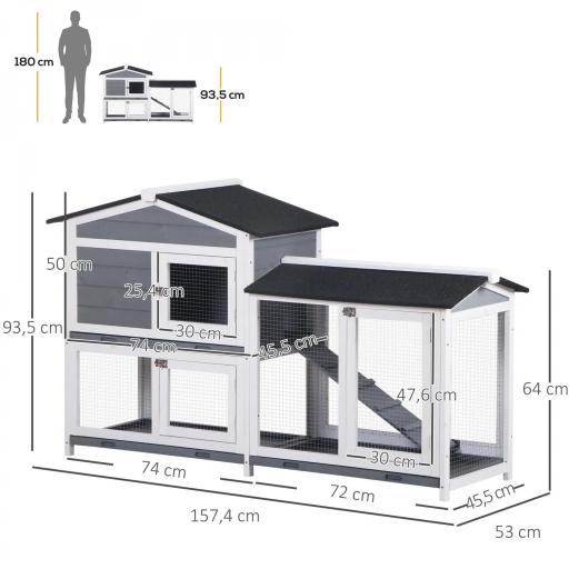Conejera de Madera Exterior con Techo Asfáltico 2 Corrales de Metal Bandeja Extraíble 157,4x53x93,5 cm Gris [3]