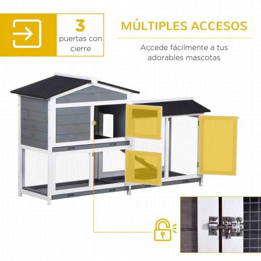 Conejera de Madera Exterior con Techo Asfáltico 2 Corrales de Metal Bandeja Extraíble 157,4x53x93,5 cm Gris [4]