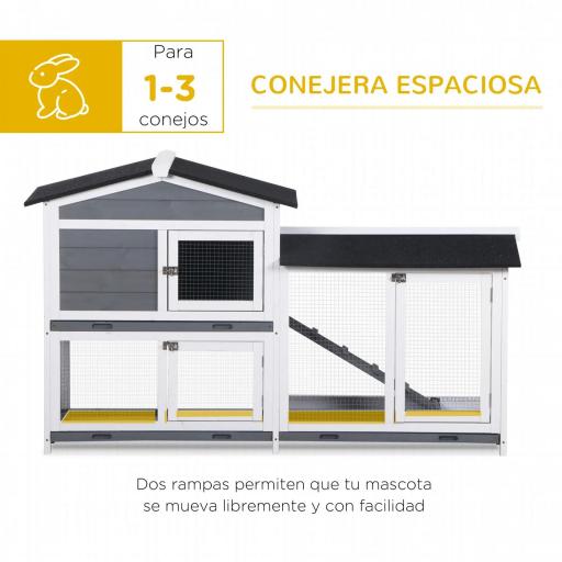 Conejera de Madera Exterior con Techo Asfáltico 2 Corrales de Metal Bandeja Extraíble 157,4x53x93,5 cm Gris [5]