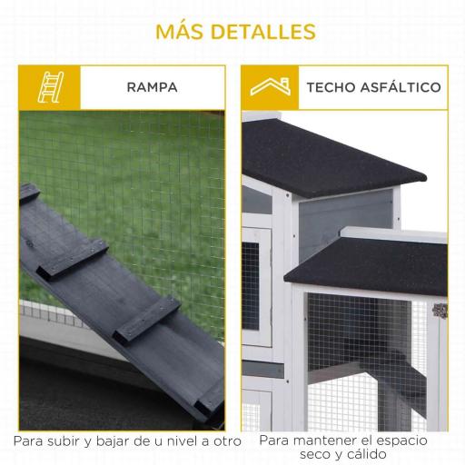 Conejera de Madera Exterior con Techo Asfáltico 2 Corrales de Metal Bandeja Extraíble 157,4x53x93,5 cm Gris [2]