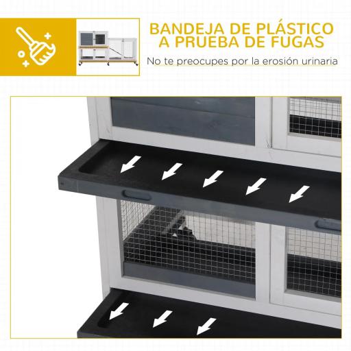 Conejera de Madera con Ruedas 147x45,5x88,5 cm Jaula para Conejos de 2 Niveles con Techo Abrible 2 Corrales de Metal 3 Bandejas Extraíbles 3 Puertas con Pestillo y Rampa Gris [3]