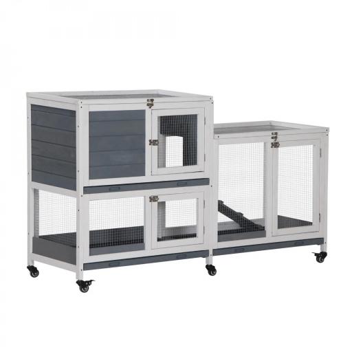 Conejera de Madera con Ruedas 147x45,5x88,5 cm Jaula para Conejos de 2 Niveles con Techo Abrible 2 Corrales de Metal 3 Bandejas Extraíbles 3 Puertas con Pestillo y Rampa Gris [9]