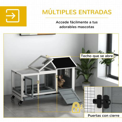 Jaula para Conejos con Ruedas Techo Abatible y Bandeja Extraíble para Interior y Exterior 108x58x73,5 cm Gris [7]
