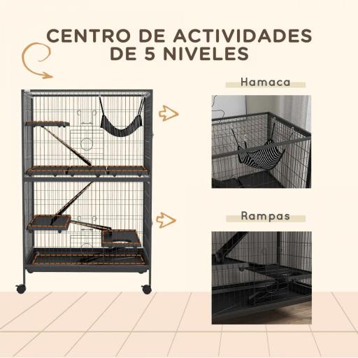 Jaula para Animales Pequeños con Ruedas Rampas Hamaca y Bandeja Extraíble para Chinchillas Hurones 80x52x128 cm Gris [4]
