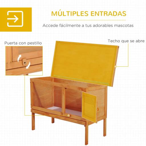 Casa para Conejos Exterior Conejera Grande de Patas Elevadas con Bandeja Extraíble Fácil de Limpiar Estable Buena Ventilación 90x45x65cm Color Madera [4]