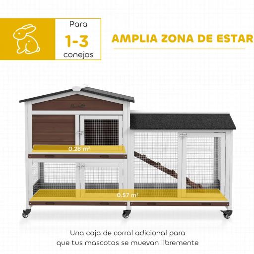 Conejera Exterior 157,4x53x99,5cm Jaula para Conejos Grande con Ruedas Techo Asfáltico Bandeja Extraíble y Rampa Marrón [3]