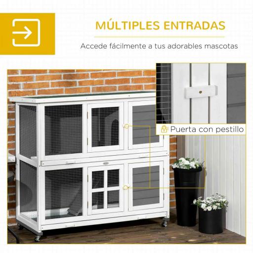 Conejera de Madera de 2 Niveles con Ruedas 2 Puertas Techo y Bandejas Extraíbles 119x50,5x109 cm Blanco y Gris [5]