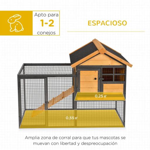 Conejera de Exterior Jaula para Mascotas Pequeñas 2 Niveles con Rampa Bandeja Extraíble de Madera y Metal 122x63x92 cm para Conejos Cobayas Madera y Gris [6]