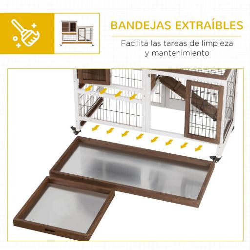 Conejera de Madera con Ruedas para Interior Jaula de 2 Pisos con Rampa y 2 Bandejas Extraíbles 110x50x88cm Marrón [2]