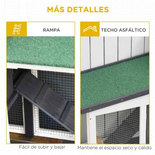 Conejera de Madera con Techo Abatible Escalera y Bandeja Extraíble Conejera para Exterior 197x49x86 cm Gris [3]