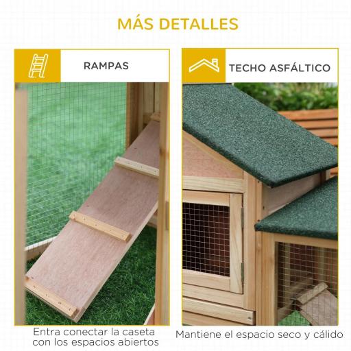 Conejera de Exterior Grande Jaula de Madera para 2-4 Conejos con Techo Asfáltico Recinto de Alambre Bandeja Extraíble y Rampas 210x45,5x84,5 cm Natural y Verde [5]