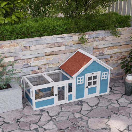 Jaula para Conejo Grande con 2 Ventanas de Decoración Ruedas 1 Puerta 1 Rampa y Techo de Asfalto 162,5x59,2x77,6 cm Azul