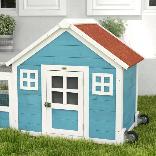 Jaula para Conejo Grande con 2 Ventanas de Decoración Ruedas 1 Puerta 1 Rampa y Techo de Asfalto 162,5x59,2x77,6 cm Azul [6]