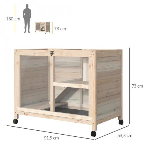 Conejera de Madera con Ruedas 91,5x53,3x73 cm Jaula para Conejos de 2 Niveles con Techo Abatible Natural [1]