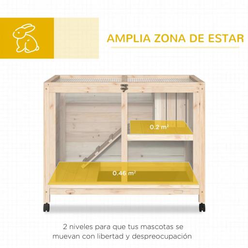 Conejera de Madera con Ruedas 91,5x53,3x73 cm Jaula para Conejos de 2 Niveles con Techo Abatible Natural [3]
