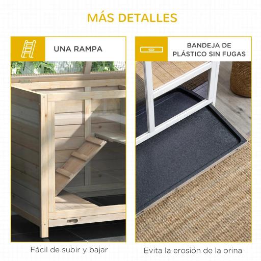 Conejera de Madera con Ruedas 91,5x53,3x73 cm Jaula para Conejos de 2 Niveles con Techo Abatible Natural [5]
