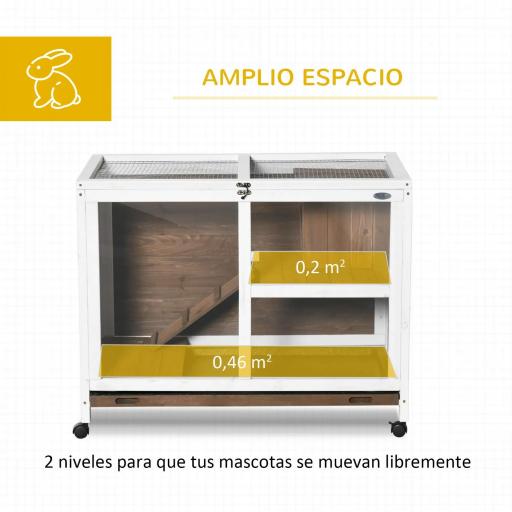 Conejera de Madera con Ruedas 91,5x53,3x73 cm Jaula para Conejos de 2 Niveles con Techo Abatible Marrón [4]