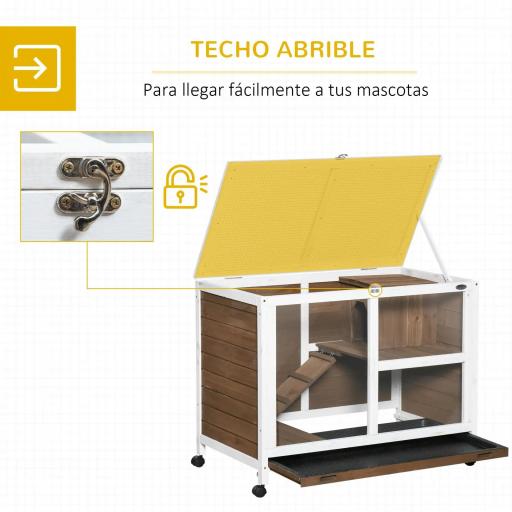 Conejera de Madera con Ruedas 91,5x53,3x73 cm Jaula para Conejos de 2 Niveles con Techo Abatible Marrón [2]
