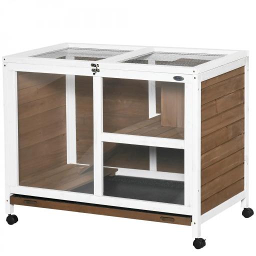 Conejera de Madera con Ruedas 91,5x53,3x73 cm Jaula para Conejos de 2 Niveles con Techo Abatible Marrón [8]