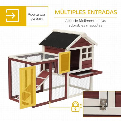 Conejera de Madera de 2 Niveles Jaula para Conejos con Zona Abierta Techo Asfáltico Bandeja Extraíble y Rampa Conejera para Exterior 123,5x62,6x92,5 cm Marrón [2]