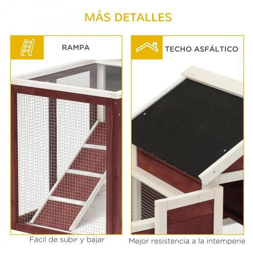 Conejera de Madera de 2 Niveles Jaula para Conejos con Zona Abierta Techo Asfáltico Bandeja Extraíble y Rampa Conejera para Exterior 123,5x62,6x92,5 cm Marrón [5]