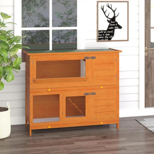 Conejera de Madera Exterior de 2 Niveles Jaula para Conejos con Techo de Asfalto Abrible Rampa Puertas y 2 Bandejas Extraíbles 120x48x100 cm Madera Natural