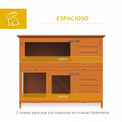 Conejera de Madera Exterior de 2 Niveles Jaula para Conejos con Techo de Asfalto Abrible Rampa Puertas y 2 Bandejas Extraíbles 120x48x100 cm Madera Natural [2]