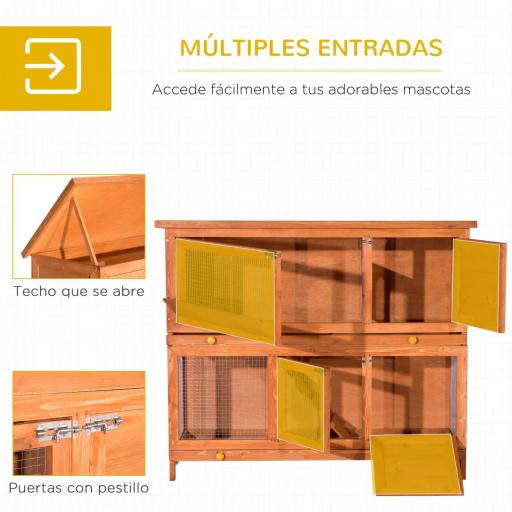 Conejera de Madera Exterior de 2 Niveles Jaula para Conejos con Techo de Asfalto Abrible Rampa Puertas y 2 Bandejas Extraíbles 120x48x100 cm Madera Natural [5]