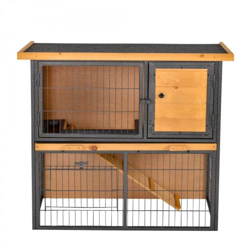 Conejera de Exterior de Madera Jaula para Mascotas Pequeñas 2 Niveles con Rampa Bandeja Extraíble Puertas con Cerraduras 89,5x45x81 cm Madera y Gris [8]