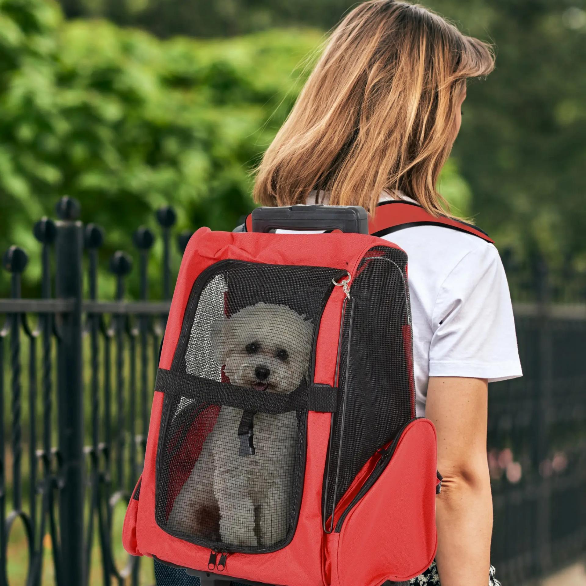 Transportin Carrito Perro 2 en 1 Mochila Carrito 42x25x55 cm Mascotas Perro Gato Rojo