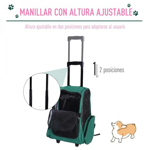 Transportín 2 en 1 para Mascotas Mochila o Carrito de Viaje para Perro y Gato con 2 Ruedas con Asa retráctil de Aluminio y Bolsillos 42x25x55 cm Verde [2]