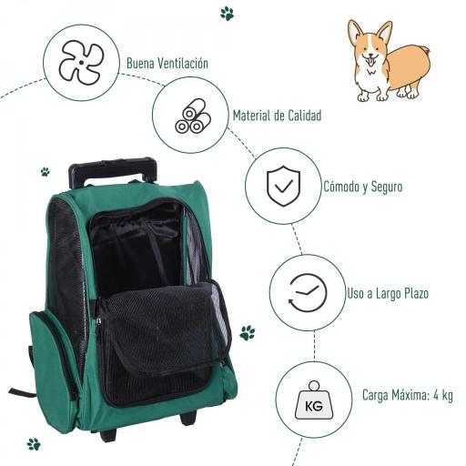 Transportín 2 en 1 para Mascotas Mochila o Carrito de Viaje para Perro y Gato con 2 Ruedas con Asa retráctil de Aluminio y Bolsillos 42x25x55 cm Verde [5]