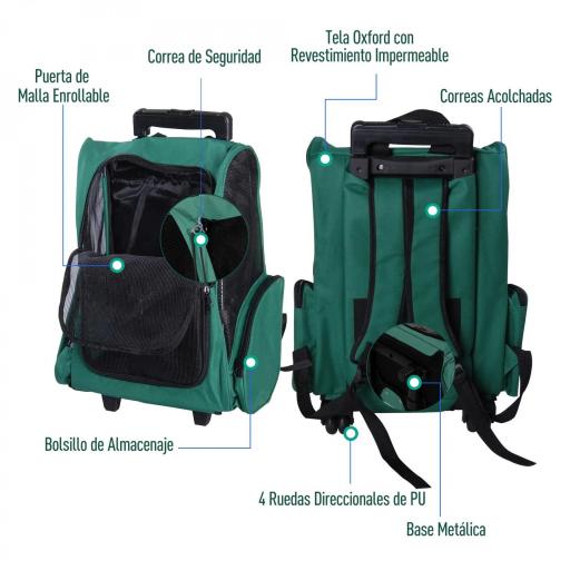 Transportín 2 en 1 para Mascotas Mochila o Carrito de Viaje para Perro y Gato con 2 Ruedas con Asa retráctil de Aluminio y Bolsillos 42x25x55 cm Verde [4]