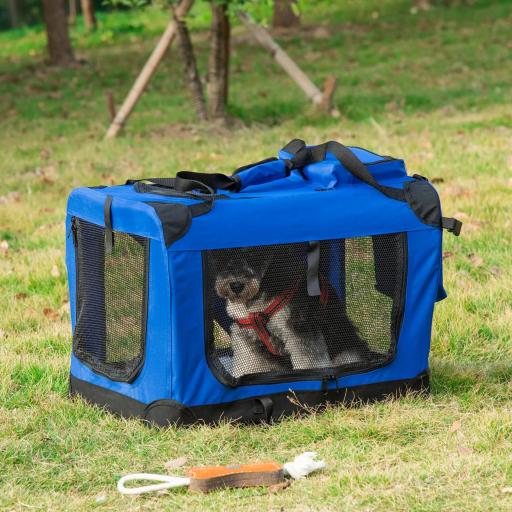 Transportín para Perros y Gatos Bolsa de Transporte para Mascotas Plegable con Cojín y Ventanas de Malla 60x42x42cm Azul
